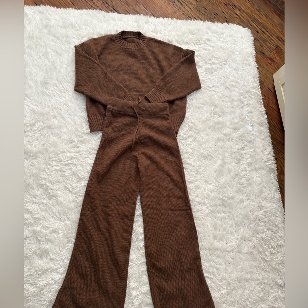 Elegant Brown Wide Leg Knit Pants Set